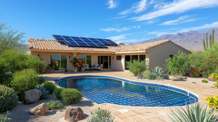 Fototapeta premium Modern Solar Panels Installed On A Arizona Home with beautiful pool Under Clear Blue Sunny Sky, Solar Photography, Solar Powered Clean Energy, Sustainable Resources, Electricity Source, renewable