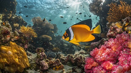 Naklejka premium Vibrant orange angelfish swims in a coral reef, sun rays shining through water.
