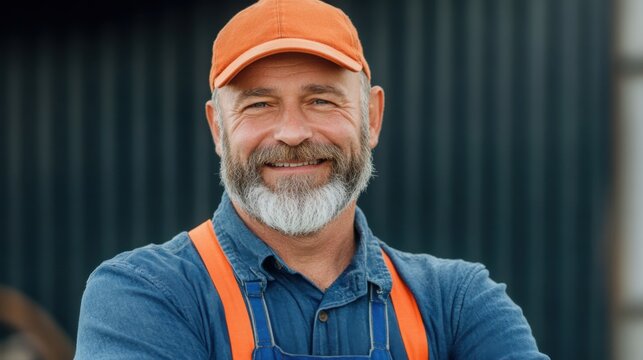 Friendly male worker with beard and orange cap smiles confidently in a blue shirt against a green background