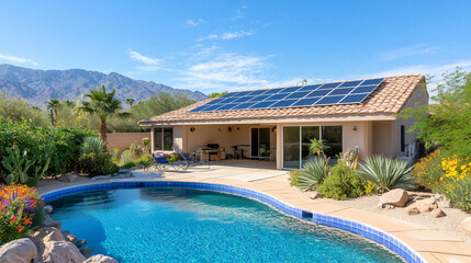Fototapeta premium Modern Solar Panels Installed On A Arizona Home with beautiful pool Under Clear Blue Sunny Sky, Solar Photography, Solar Powered Clean Energy, Sustainable Resources, Electricity Source, renewable