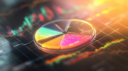 Colorful pie chart on a digital financial graph background showcasing data trends and analysis