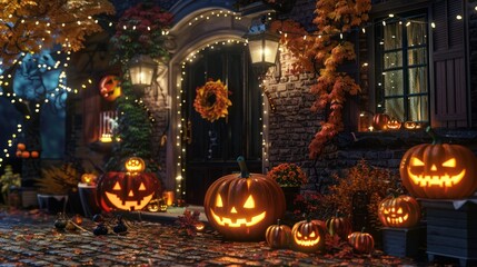 Halloween decorated house at night with jack-o'-lanterns and autumn leaves