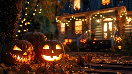 Halloween jack-o'-lanterns at illuminated autumnal porch