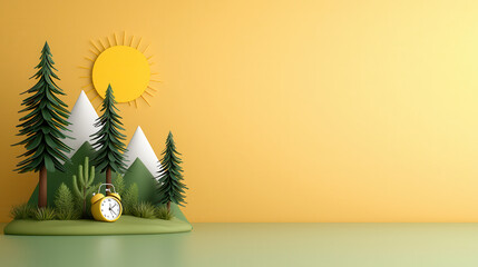 3D illustration features sustainable tree planting initiative with stylized trees, mountains, and yellow clock against bright yellow background, evoking sense of environmental awareness
