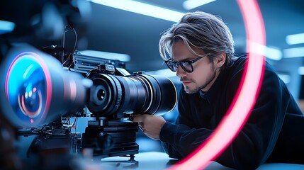 Cameraman adjusting camera lens in studio,  neon lights in background; for film production marketing
