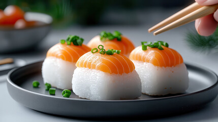 plate of sushi features neatly arranged pieces with salmon and garnished with green onions, showcasing modern culinary presentation. focus is vibrant colors and textures, highlighting freshness of