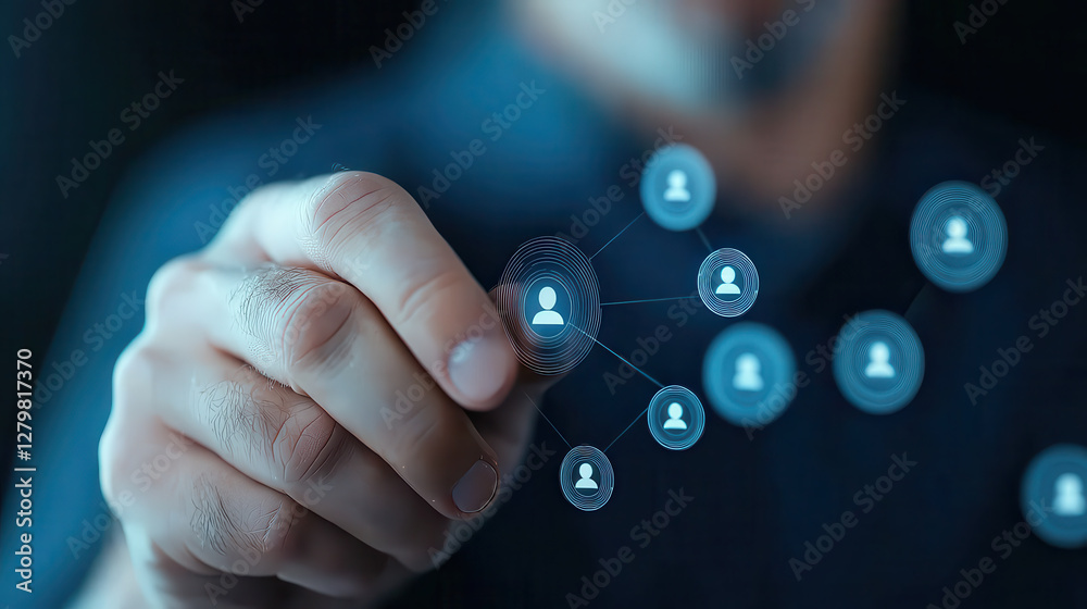 Aufkleber person interacts with digital interface displaying connected user icons, symbolizing AI driven people analytics and focused search on individual