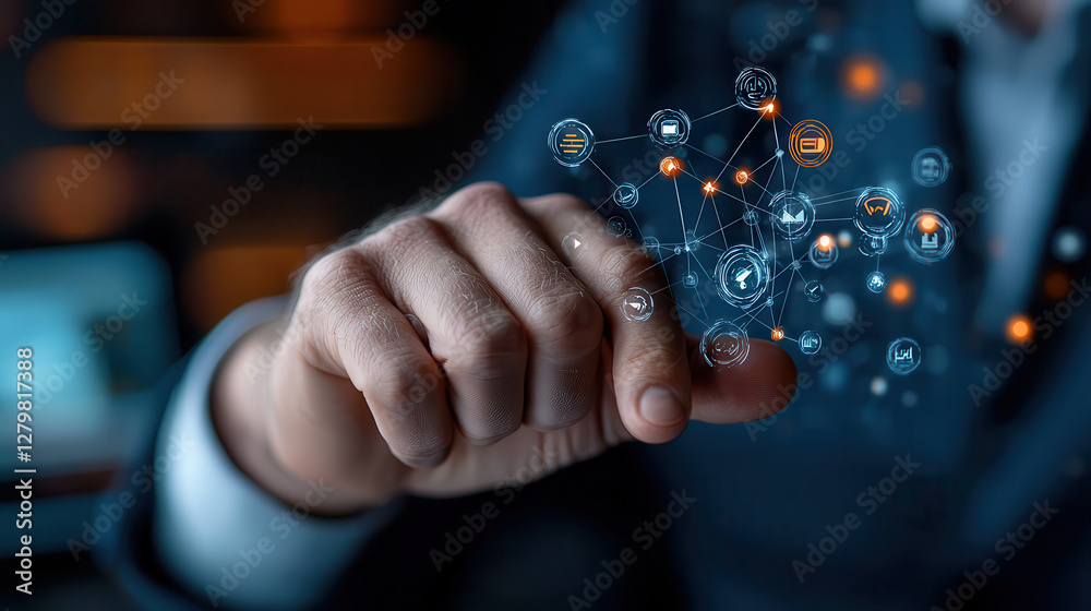 Poster person interacts with digital interface, focusing on AI driven people analytics. image highlights network of interconnected icons representing data and technology