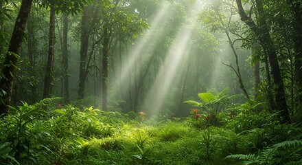 Tropical rainforest with sunlight filtering through the trees, soft mist, photographic style.