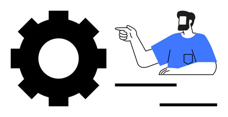 Male figure in blue shirt pointing at large cogwheel. Ideal for technology, development, teamwork, engineering, planning, problem-solving, and innovation concepts. Clean lines denote abstract line