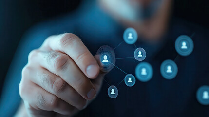 person interacts with digital interface displaying connected user icons, symbolizing AI driven people analytics and focused search on individual