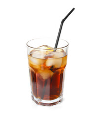 Refreshing cola with ice cubes and drinking straw in glass isolated on white