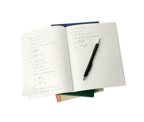Naklejka premium Doing homework. Notebook with math assignment, pen and books isolated on white, top view