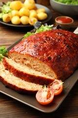 Delicious turkey meatloaf with vegetables on wooden table, closeup