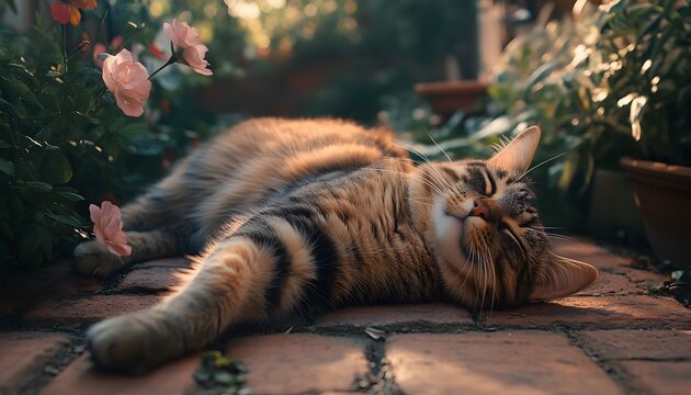 Brown tabby cat peacefully sleeping on brick patio outdoors