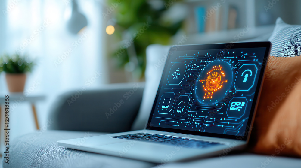 Poster laptop displaying digital interface with futuristic technology icons sits on cozy sofa in modern liv
