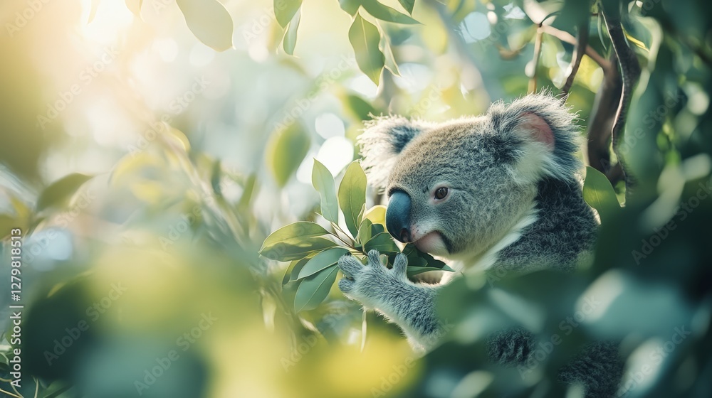 Poster koala enjoys a meal of eucalyptus leaves amidst a sunlit forest. the soft light filters through the 