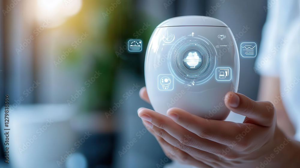 Poster person holds futuristic AI powered device with holographic interface displaying various icons, suggesting advanced technology and innovation