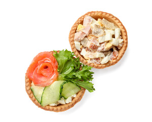 Tartlets with delicious fillings isolated on white, top view