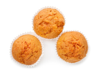 Tasty carrot muffins isolated on white, top view