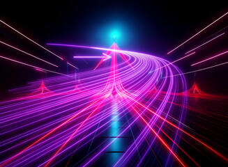 Vibrant neon light trails converge in a double exposure, forming arrow shapes and creating a dynamic futuristic feel.