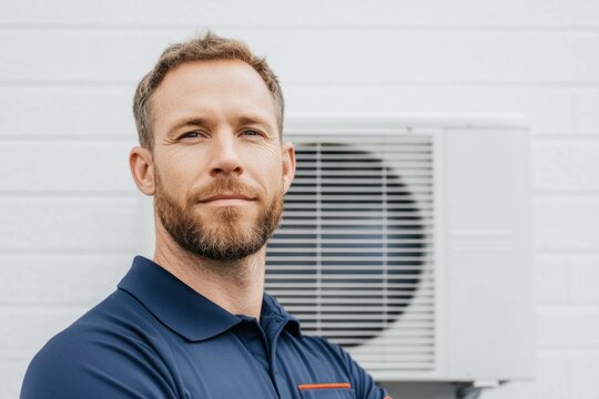 Confident HVAC technician posing in front of an air conditioning unit, showcasing professionalism and expertise in climate control solutions