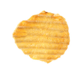 One tasty ridged potato chip in air isolated on white