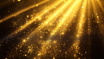 Sparkling rays of golden light streaming through a dark background creating a magical and enchanting atmosphere with shimmering particles and bokeh effects