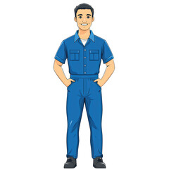 Fototapeta premium a clean and modern vector illustration of a friendly repairman in a blue jumpsuit, standing upright with an approachable smile, balanced and symmetrical design, transparent background, PNG