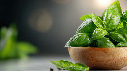 Obraz premium Aromatic basil leaves in wooden bowl on white marble surface, with blurred background. fresh green leaves are vibrant and inviting, perfect for culinary use