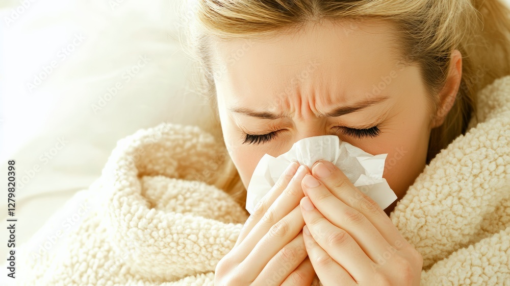 Aufkleber young woman wrapped in a blanket blowing her nose while suffering from a cold or flu virus, experien