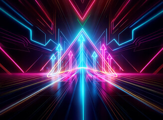 Vibrant double exposure of neon lights creating geometric shapes like triangles and arrows for an abstract futuristic perspective, with glowing lines and vivid colors.