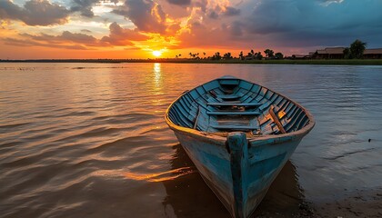 Fototapeta premium Lakeside Sunset Boat, Tranquil Scene