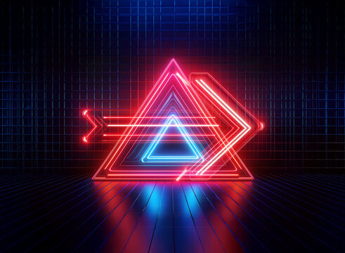 A vibrant double exposure of neon triangles glows in red, pink, and blue against a dark grid backdrop, creating a futuristic and abstract geometric design.