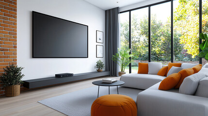 Fototapeta premium cozy contemporary media room features soft couches and warm lighting, with large TV and modern decor. space is brightened by natural light from large windows, creating welcoming atmosphere