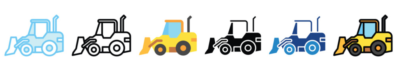 Backhoe Loader multi style, mini illustration icon. outline, flat, glyph, line color, UI, UX, app and web, digital or print. related to heavy machinery, industry, road construction theme