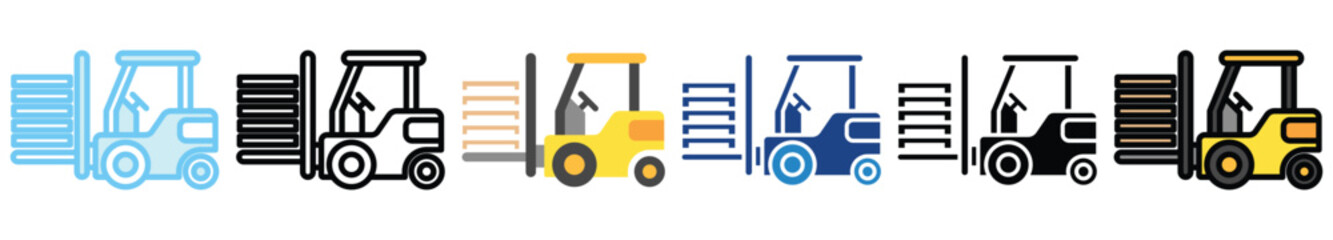 Forklift multi style, mini illustration icon. outline, flat, glyph, line color, UI, UX, app and web, digital or print. related to heavy machinery, industry, road construction theme