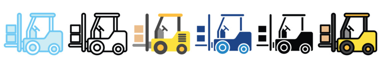 Forklift multi style, mini illustration icon. outline, flat, glyph, line color, UI, UX, app and web, digital or print. related to heavy machinery, industry, road construction theme