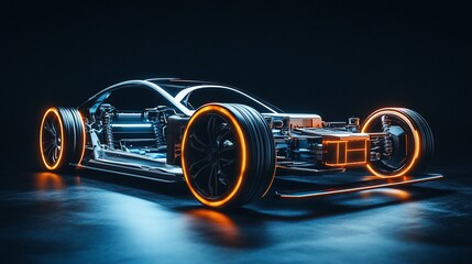 Electric car chassis, cutaway, studio, dark background, automotive design