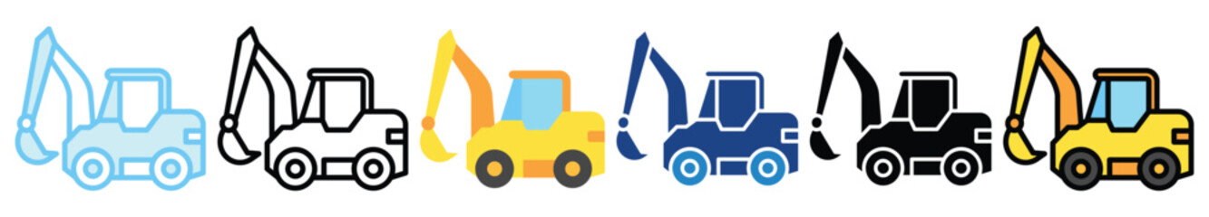 Hydraulic Shovel multi style, mini illustration icon. outline, flat, glyph, line color, UI, UX, app and web, digital or print. related to heavy machinery, industry, road construction theme