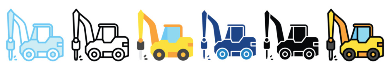 Hydraulic Hammer multi style, mini illustration icon. outline, flat, glyph, line color, UI, UX, app and web, digital or print. related to heavy machinery, industry, road construction theme