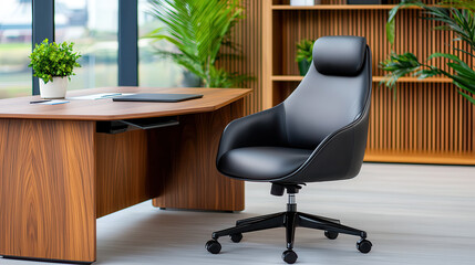 modern corporate office features large wooden desk and sleek black leather chair, surrounded by green plants and natural light from large windows