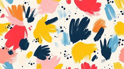 This vibrant seamless spring pattern showcases an array of colorful petals and spots, perfect for textiles, wallpaper, and seasonal decor in spring and summer