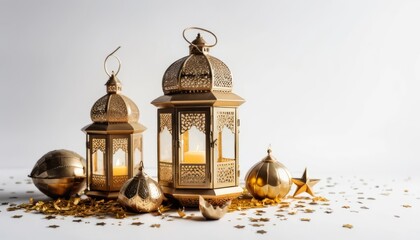 Obraz premium Golden Arabic lamp or lantern with candle on the white bokeh background of a mosque with warm light and festive decorations, ramadhan kareem, id fitr