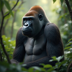 Obraz premium Ein majestätischer Gorilla sitzt im Dschungel und beobachtet aufmerksam seine Umgebung, sein Gesichtsausdruck ist voller Weisheit und Stärke. 