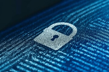A digital padlock graphic appears on a textured blue background, symbolizing security and data protection. The design emphasizes modern technology. Generative AI