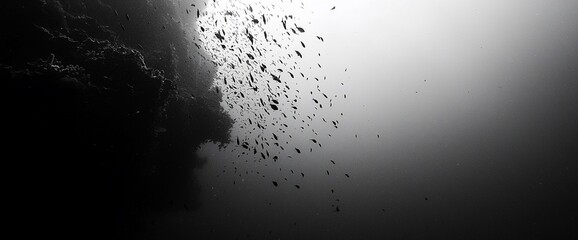 Obraz premium Underwater black and white photo of fish school near dark reef.