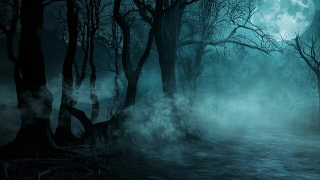 Eerie forest scene with fog and dark trees, captured from a low angle. The style evokes a mysterious, haunting atmosphere, ideal for a horror video.