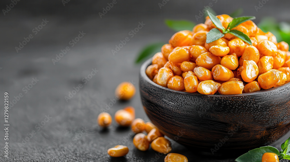 Poster wooden bowl filled with golden roasted corn kernels garnished with green leaves on dark background. 