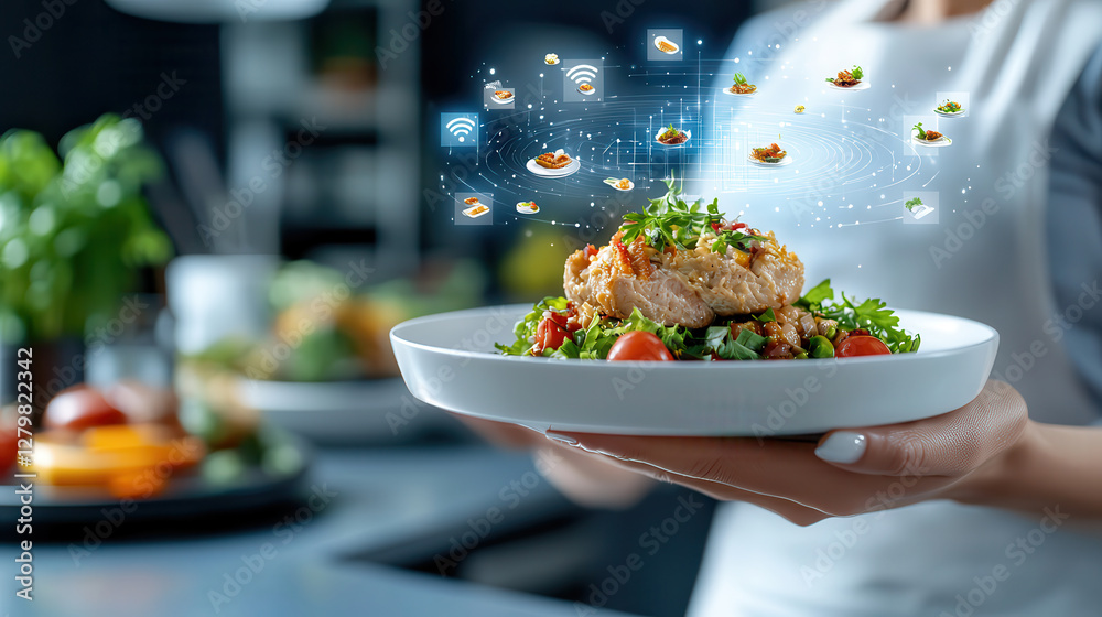 Poster person holds plate of food with holographic display showing nutritional information and AI powered analysis, highlighting integration of technology in modern cooking